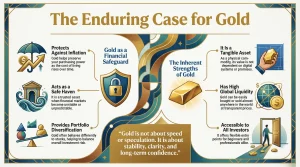 infographic showing key 10 reasons to invest in gold including inflation protection, diversification, liquidity, and long-term stability