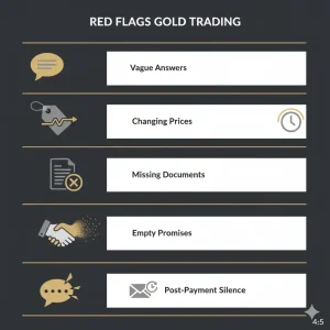 Infographic showing common warning signs when choosing a gold trading company, including unclear answers, changing prices, pressure tactics, and missing documentation.