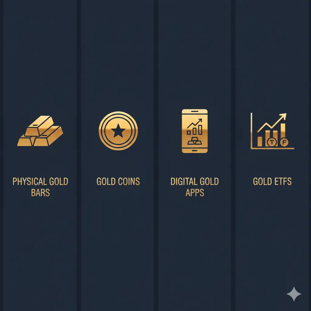 Infographic illustrating gold investment options including bars, coins, digital gold, and gold ETFs.