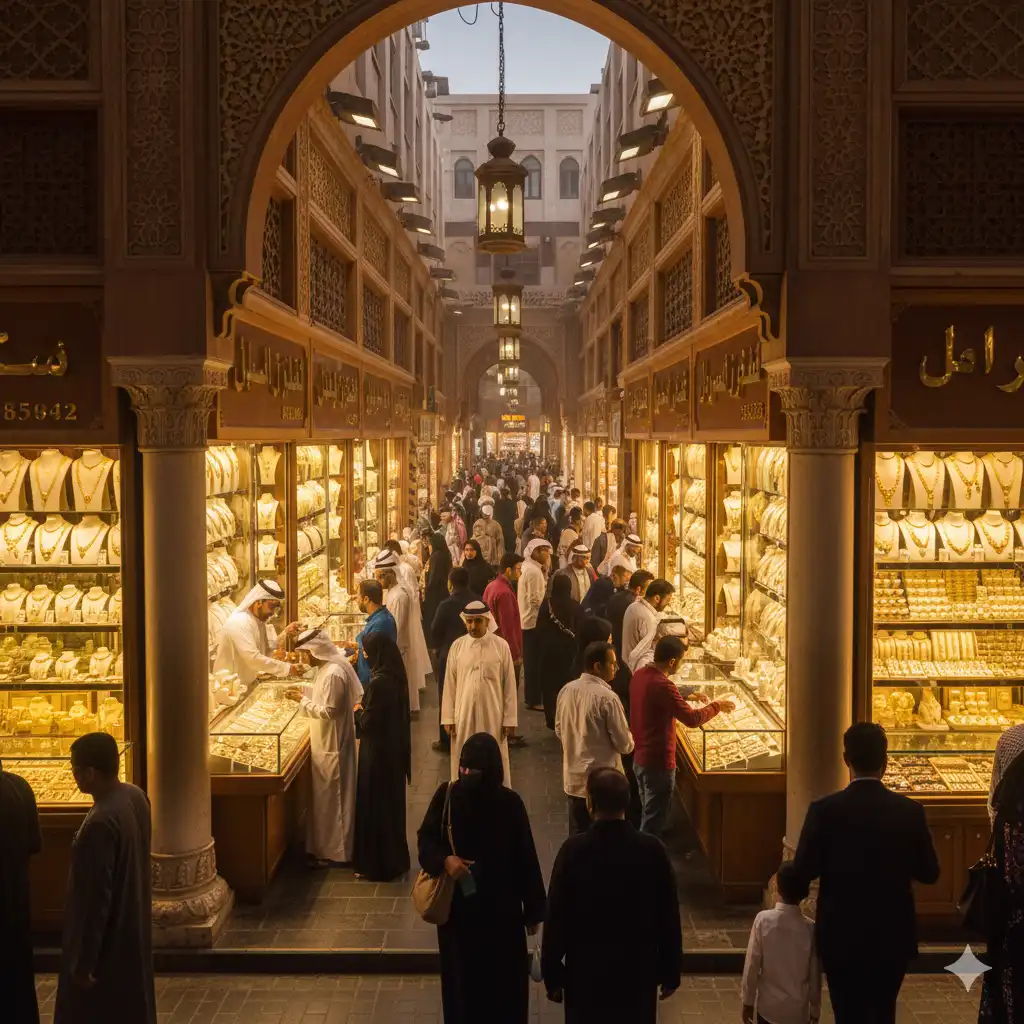 Dubai Gold Souk display featuring gold jewelry and bars showcased under warm professional lighting.
