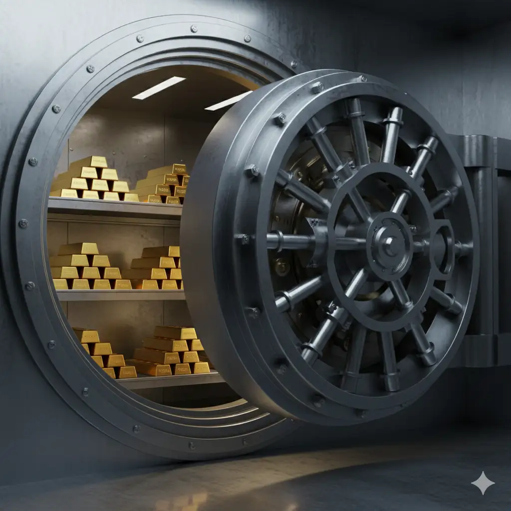 High-security safe partially open with gold bars stored inside in a realistic financial setting.
