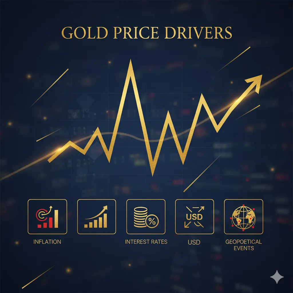 Illustration showing economic factors affecting gold prices such as inflation, interest rates, USD strength, and geopolitical events.