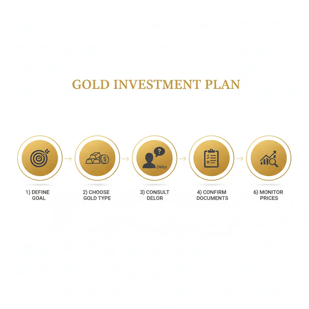 Infographic outlining the steps to buy gold with Delor, from defining goals to secure storage and monitoring prices.