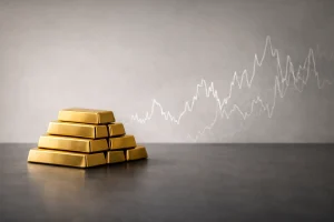 Gold bars symbolize a safe investment while professionally highlighting market volatility and potential risks.