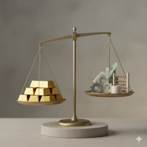 The concept of balancing gold investment with long-term financial planning in a professional financial environment.