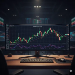 XAUUSD gold price chart displaying candlestick patterns and technical indicators on a professional trading screen