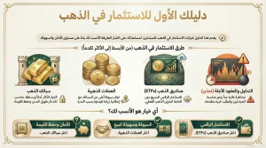 إنفوجرافيك يوضح دليل المبتدئين للاستثمار في الذهب ويقارن بين سبائك الذهب والعملات الذهبية وصناديق الذهب ETF والتداول من حيث الأمان والسيولة ومستوى المخاطرة.