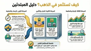 إنفوجرافيك يشرح خطوات الاستثمار في الذهب للمبتدئين من تحديد الهدف والميزانية إلى الشراء الآمن والتخزين وخطة البيع.