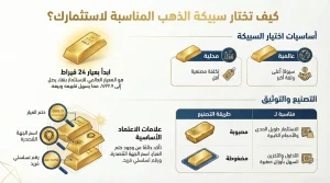 إنفوجرافيك يوضح كيفية اختيار سبيكة الذهب المناسبة للاستثمار، يشمل عيار 24 قيراط، الفرق بين السبائك المحلية والعالمية، طرق التصنيع المصبوبة والمضغوطة، وعلامات الاعتماد الأساسية.
