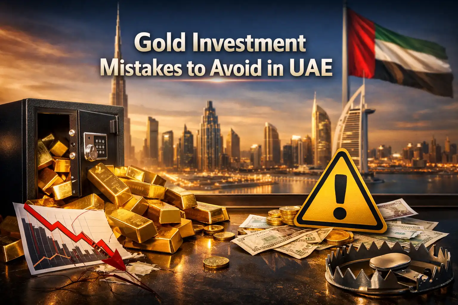 gold investment mistakes UAE showing gold bars, falling prices, and financial risk warning in Dubai