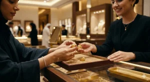 customer buying gold jewelry in a UAE shop with focus on rings and purchase decision