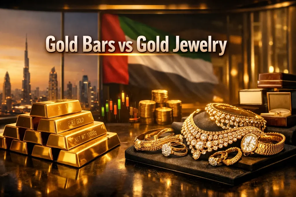 gold bars vs gold jewelry UAE investment comparison with Dubai skyline