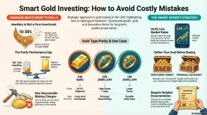 gold investment mistakes UAE infographic showing jewelry vs gold bars, making charges, and buying strategy