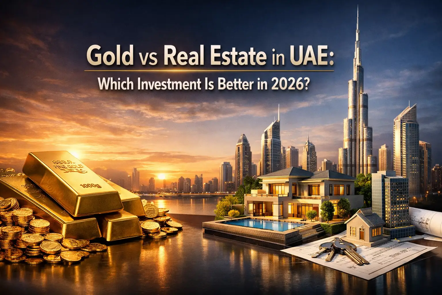 Gold vs real estate investment comparison in UAE Dubai skyline and gold bars