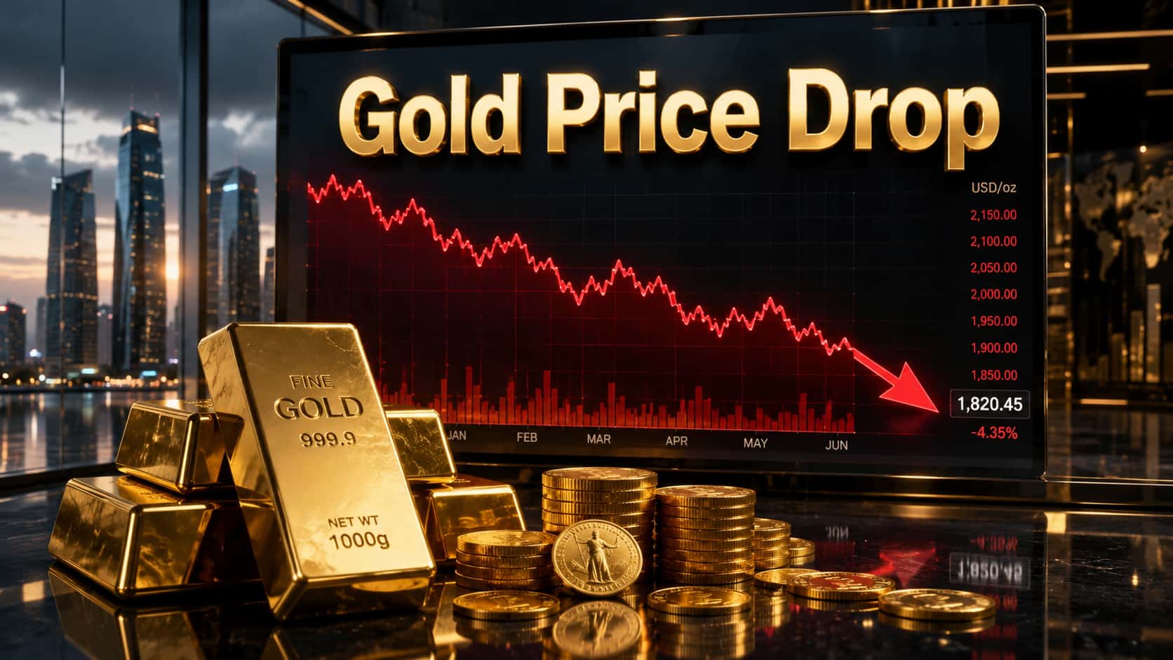 Gold price drop analysis with gold bars and market chart in the UAE